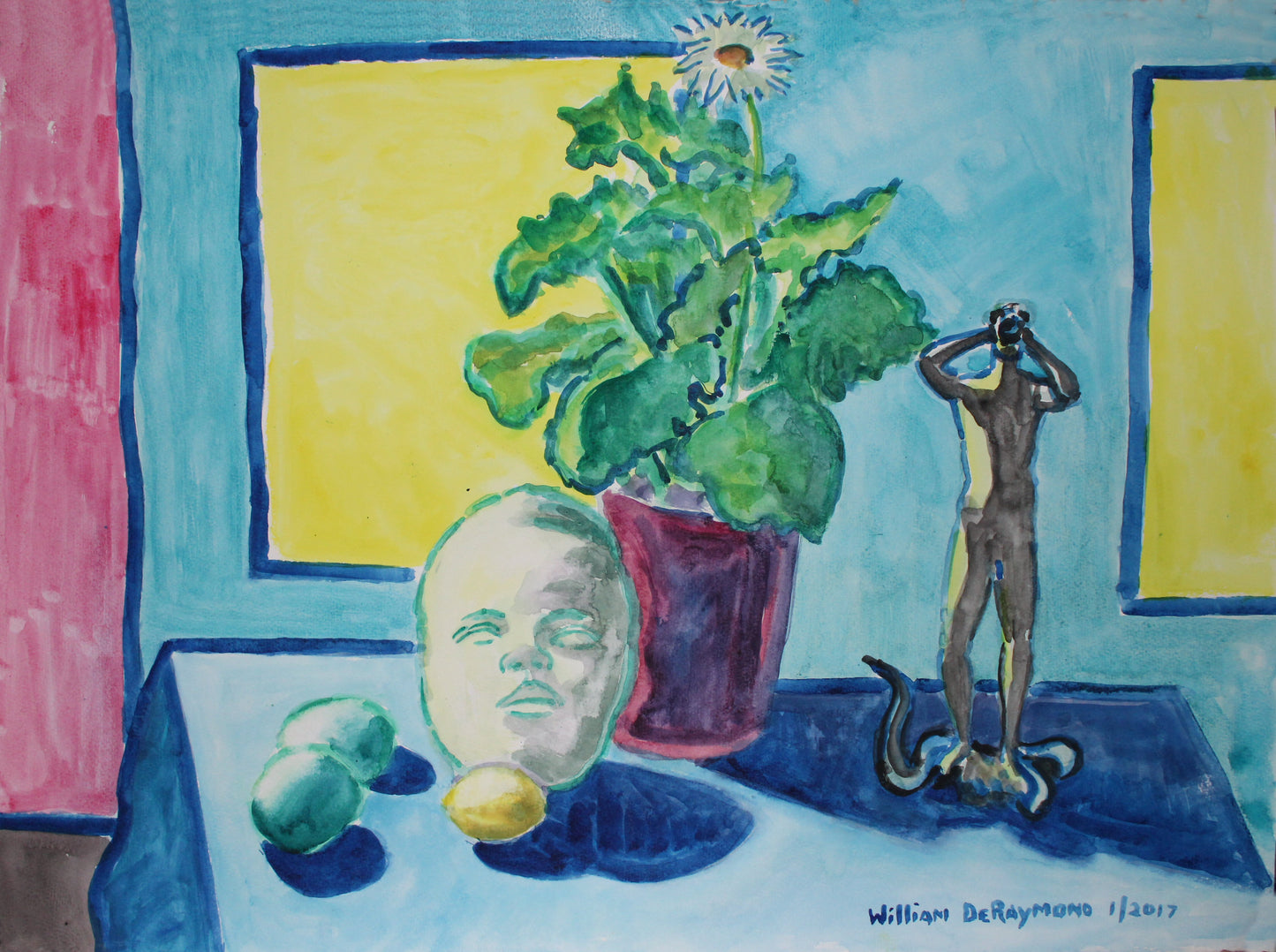 still life watercolor composition with small figure, 22"x30", 2017