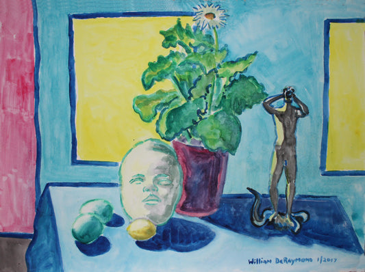 still life watercolor composition with small figure, 22"x30", 2017