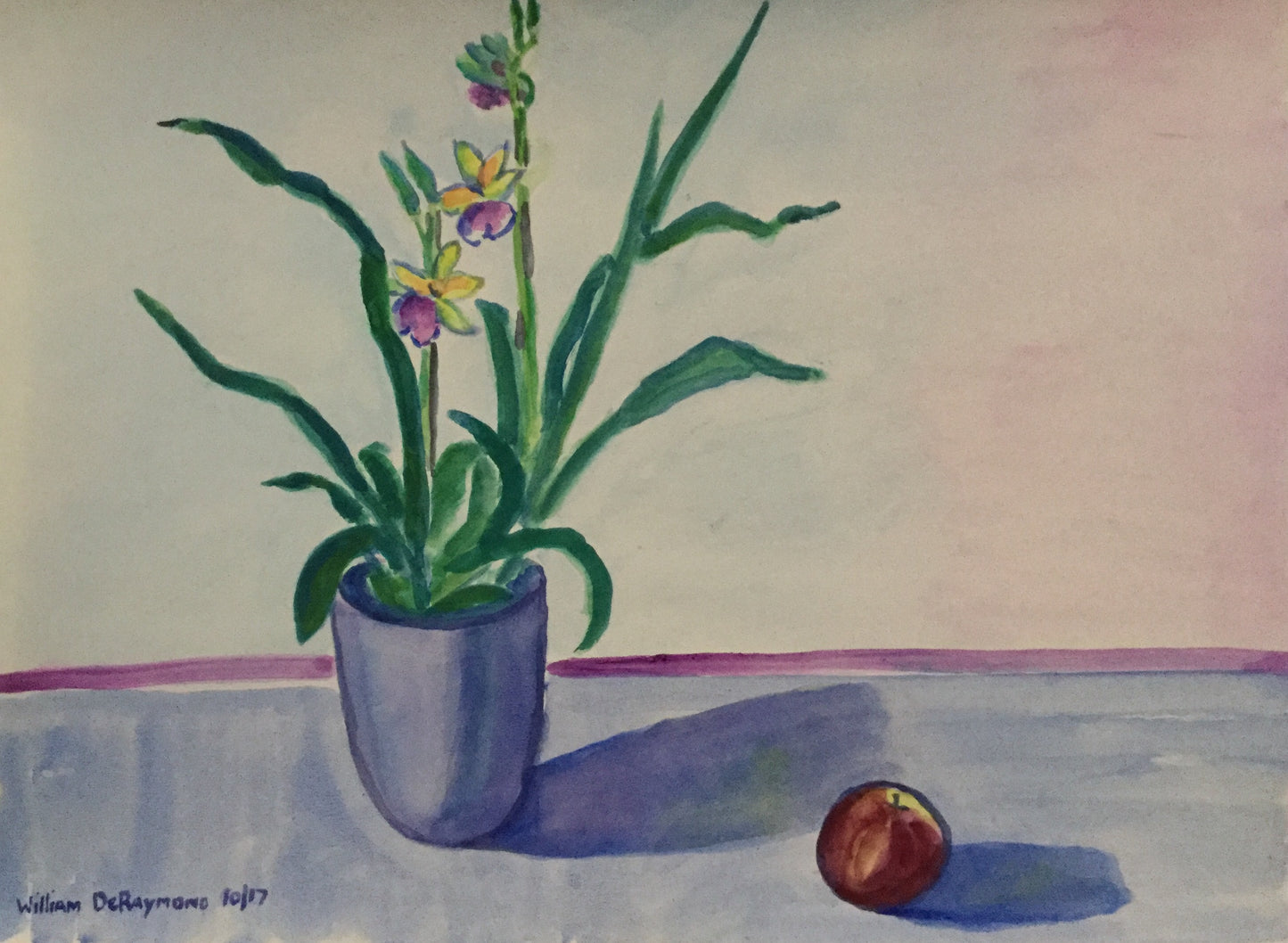 watercolor still life with orchid and apple, 22"x30" 2017