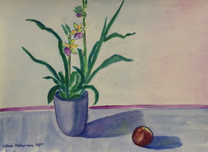 watercolor still life with orchid and apple, 22"x30" 2017