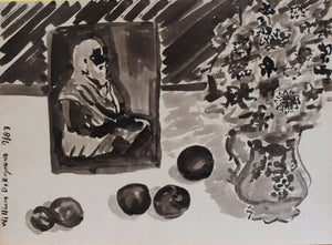 Still life with YogaSwami, 22"x30", brush and ink, 1983